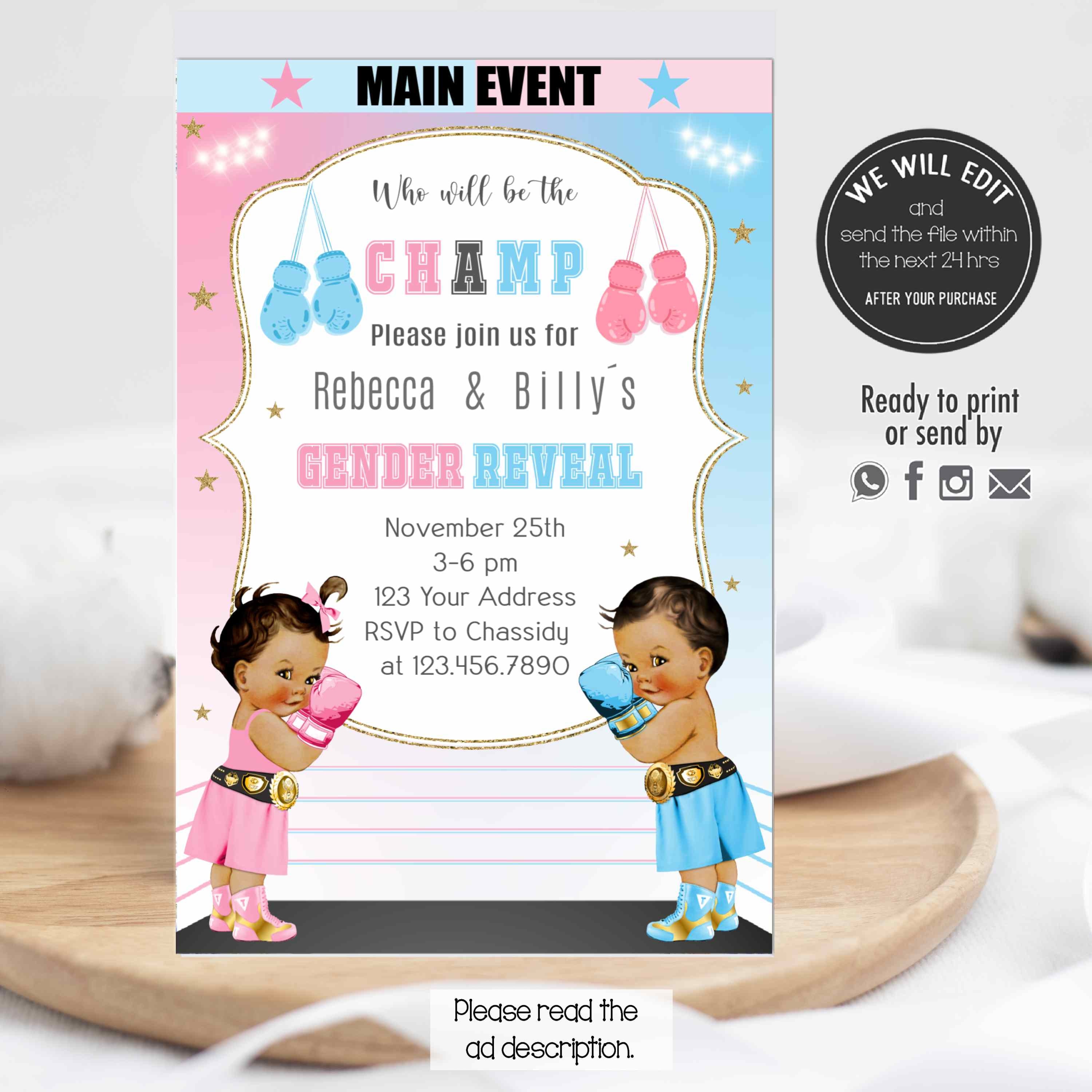 BOXING Gender Reveal invitation, Boxer gender reveal, girl or boy, gender reveal invite,  reveal party, he or she gender reveal. GR01