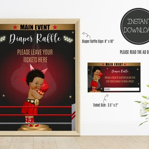 Puede incluir: Un cartel negro y dorado con un ring de boxeo rojo y un bebé boxeador de dibujos animados. El cartel dice "Main Event Diaper Raffle" y "Please leave your tickets here".