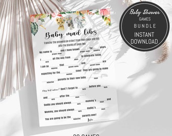 20 gier na baby shower, gry na baby shower safari, pakiet gier na baby shower do wydrukowania, pakiet gier na baby shower, natychmiastowe pobieranie, SAF03