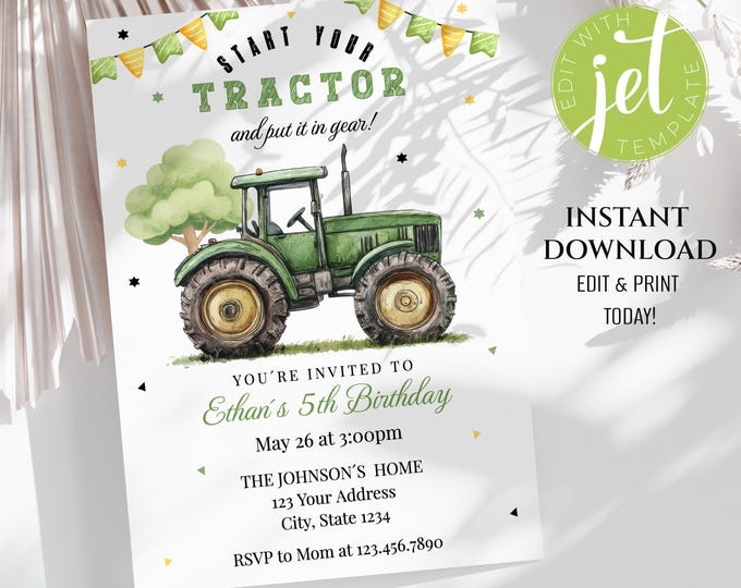 Tractor Birthday Invitation, Green Farm Party (digital Download) - Etsy ...