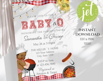 Invito baby shower BABYQ, invito baby bbq, invito barbecue in giardino, baby shower in giardino, baby shower per bambini, download immediato. Bbq01