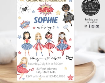 Superhero girls invitation, Superhero girls birthday, superhero invitation,Superhero girl party, Girl superhero birthday invitation. SG1
