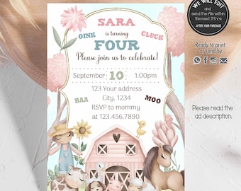 FARM birthday invitation, farm invitation, barnyard birthday invitation, farm animals invitation.Farm girl invitation, FARM03