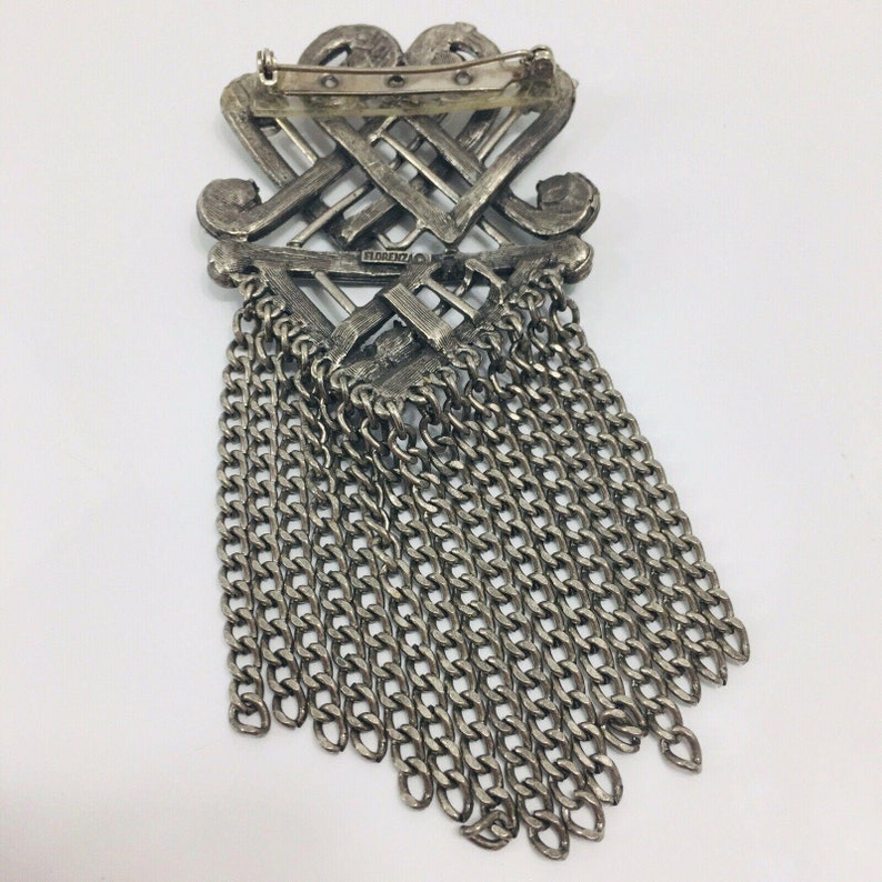 Florenza Tassel Brooch Celtic Knot Rhinestone Antiqued Silver Tone Pin