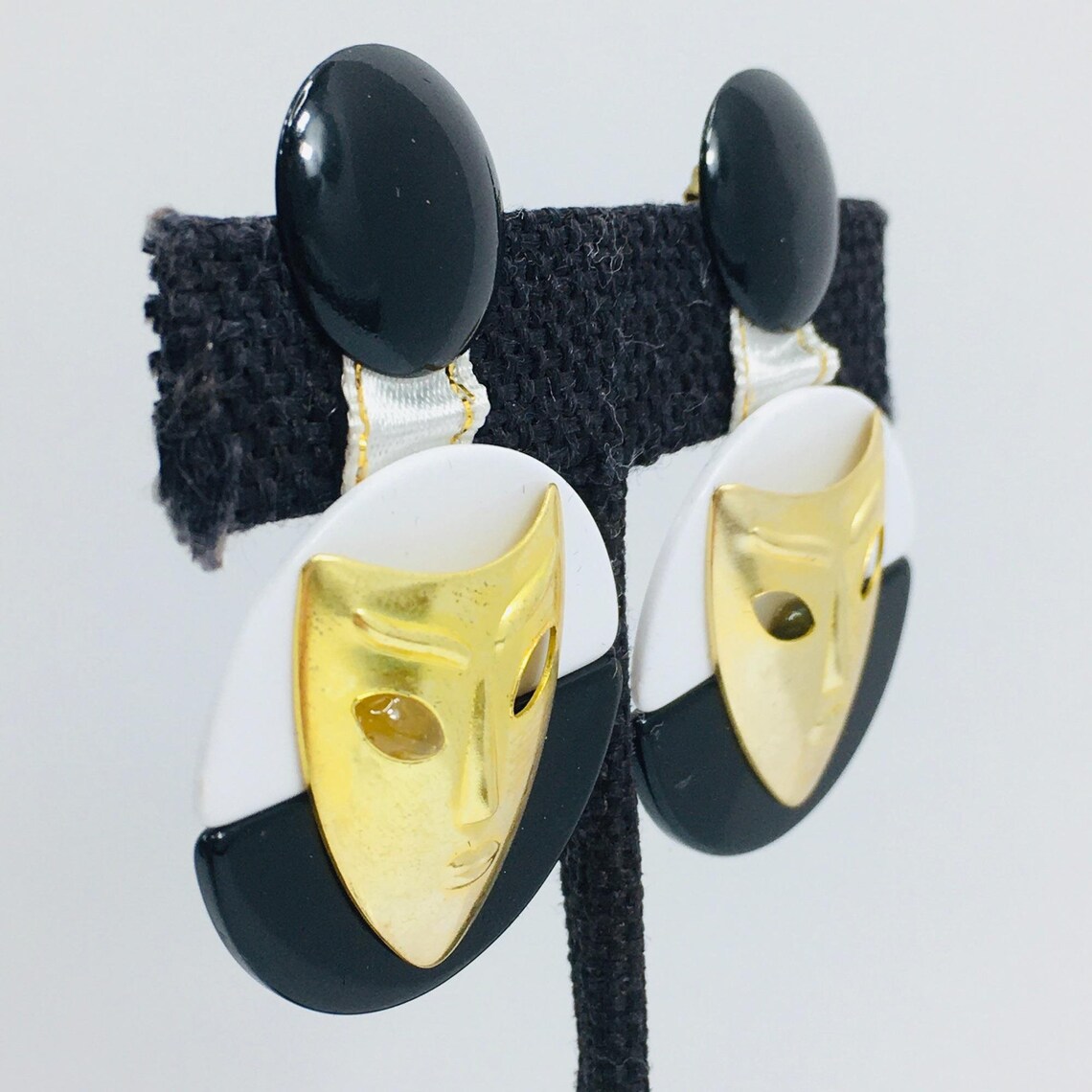 Drama Mask Earrings Gold Tone Theater Comedy Tragedy Black Etsy