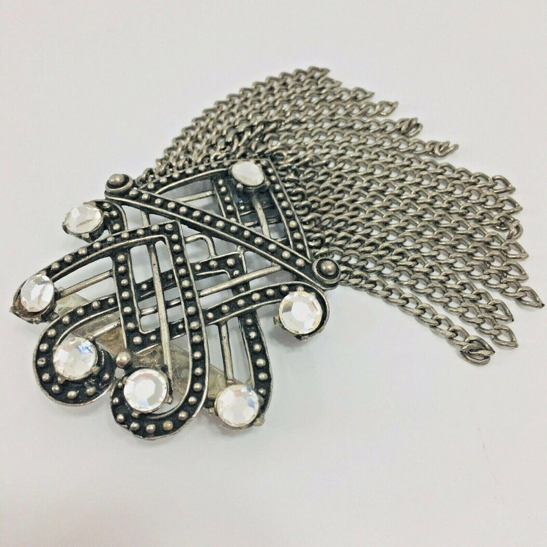 Florenza Tassel Brooch Celtic Knot Rhinestone Antiqued Silver Tone Pin