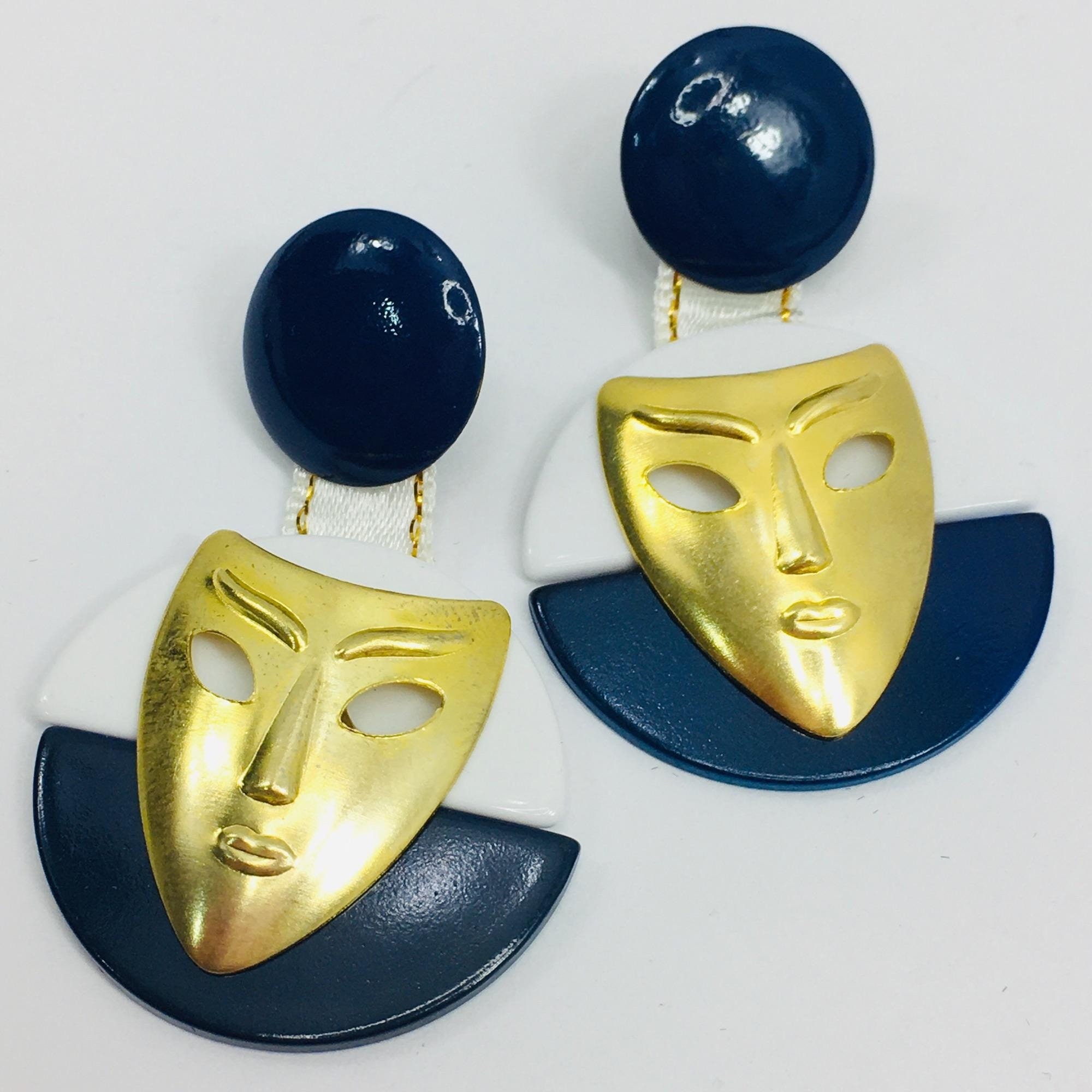 Drama Mask Earrings Theater Comedy Tragedy Blue White Stripe Etsy