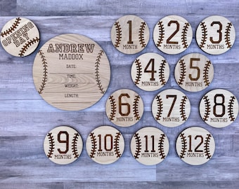 Baseball theme wood hospital name and stat sign and monthly milestone markers, personalized baby shower gift for baseball lovers