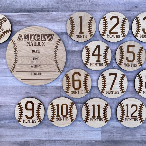 Baseball theme wood hospital name and stat sign and monthly milestone markers, personalized baby shower gift for baseball lovers