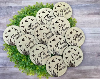 Duck hunting, outdoors, gaming theme baby monthly milestone markers/ wooden month props/ baby shower gift