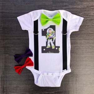 Personalized boys Toy Story Buzz Lightyear first birthday cake smash onesie outfit with bow tie and suspenders