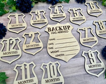 Police badge baby monthly milestone markers/LEO baby shower gift/ month photo prop set/ birth announcement hospital sign