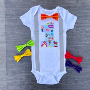 Boys toy story first birthday onesie/ personalized boy cake smash outfit with suspenders and bow tie