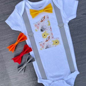 Boys Winnie the Pooh first birthday onesie/ personalized Pooh and friends cake smash outfit with suspenders and bow tie