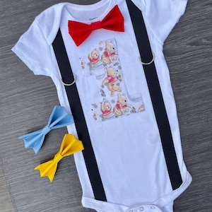 Boys Winnie the Pooh first birthday onesie/ personalized Pooh bear cake smash outfit with suspenders and bow tie
