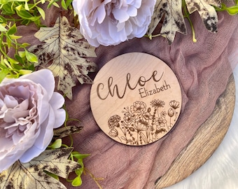 Wooden wildflower baby girl birth announcement/ personalized floral wood photo prop name reveal