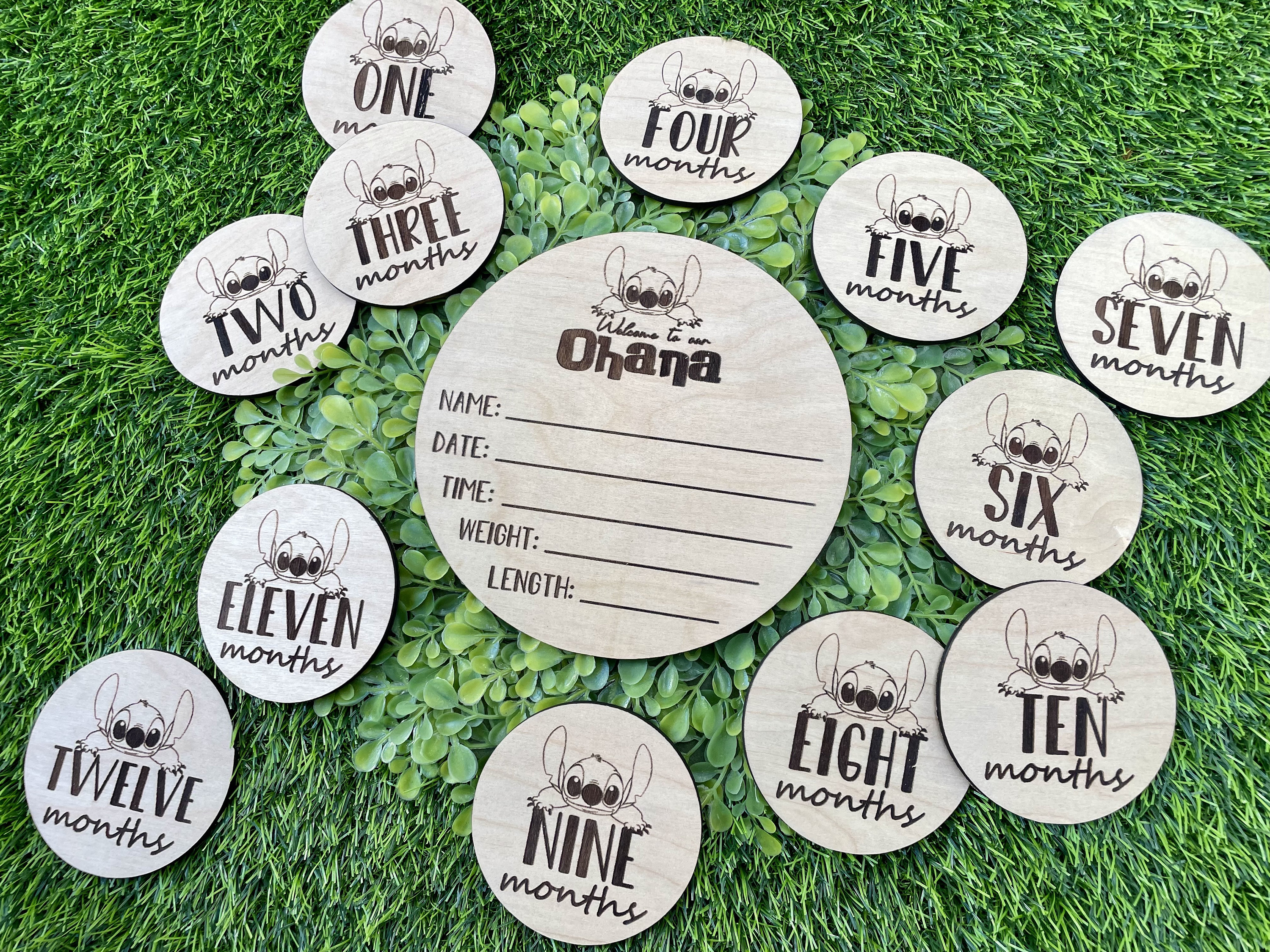 stitch theme monthly milestone markers and hospital birth announcement sign for stats and information/ baby shower gift ohana