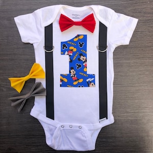 Personalized Mickey Mouse boys first birthday outfit/ Mickey cake smash onesie with bow tie and suspenders