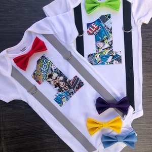 Toy Story boys first birthday personalized onesie with bow tie and suspenders/ customizable Woody or Buzz cake smash outfit