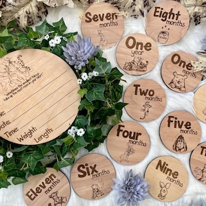 Winnie the Pooh wood birth announcement sign and monthly milestone photo markers