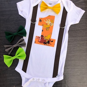 Personalized boys first birthday Lion King cake smash onesie outfit with bow tie and suspenders