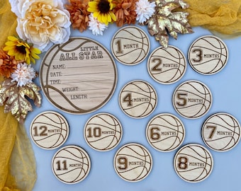 Basketball theme wood hospital birth stats name announcement and monthly milestone markers, personalized little all star baby shower gift