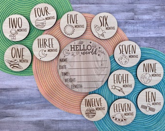 Space astronomy astronaut theme baby birth announcement hospital name and stat sign and monthly milestone markers, personalized baby shower