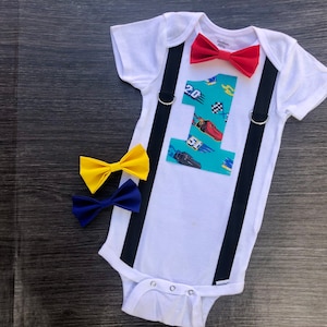 Boys personalized Cars lightning McQueen first birthday onesie/ Cars theme 1st birthday cake smash outfit with suspenders and bow tie