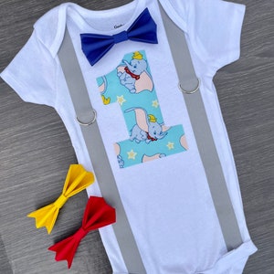 Dumbo elephant first birthday onesie/ personalized boys cake smash outfit with suspenders and bow tie