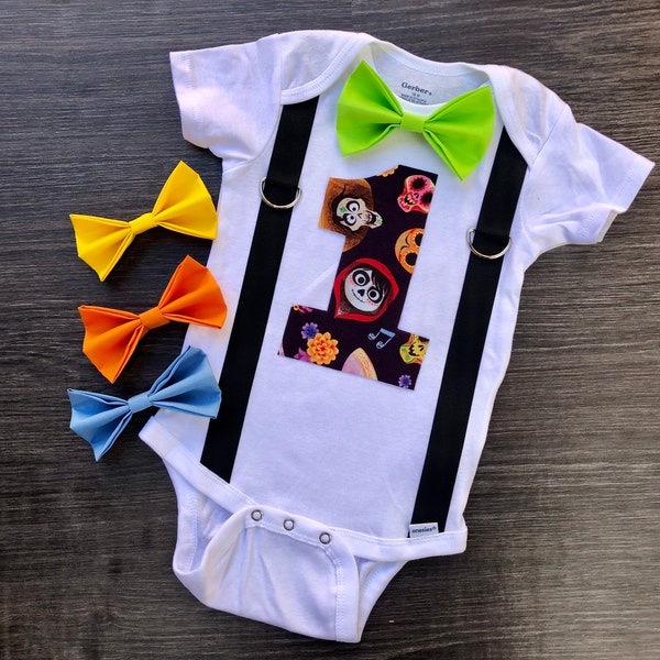 Personalized boys first birthday coco cake smash onesie/ Coco theme 1st birthday outfit with suspenders and bow tie