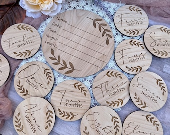 Simple gender neutral wood hospital birth name and stats announcement and monthly milestone markers, personalized leaf baby shower gift