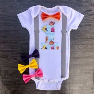 Personalized boys first birthday Finding Nemo onesie with suspenders and bow tie/ Nemo and friends 1st birthday cake smash outfit