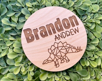 Personalized baby boy geometric dinosaur name sign/ dino photo announcement wood sign/ baby shower gift