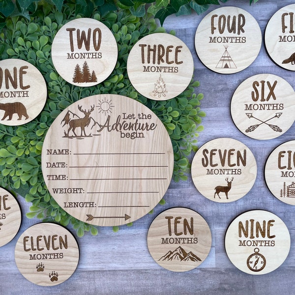 Woodland outdoor rustic adventure hospital name and stats sign and monthly milestone markers, country personalized wood baby shower gift