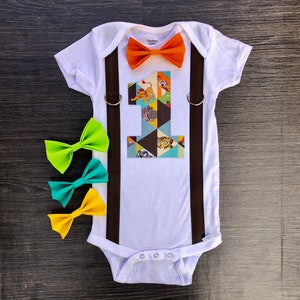 Personalized boys Lion Guard first birthday cake smash onesie outfit with suspenders and bow tie