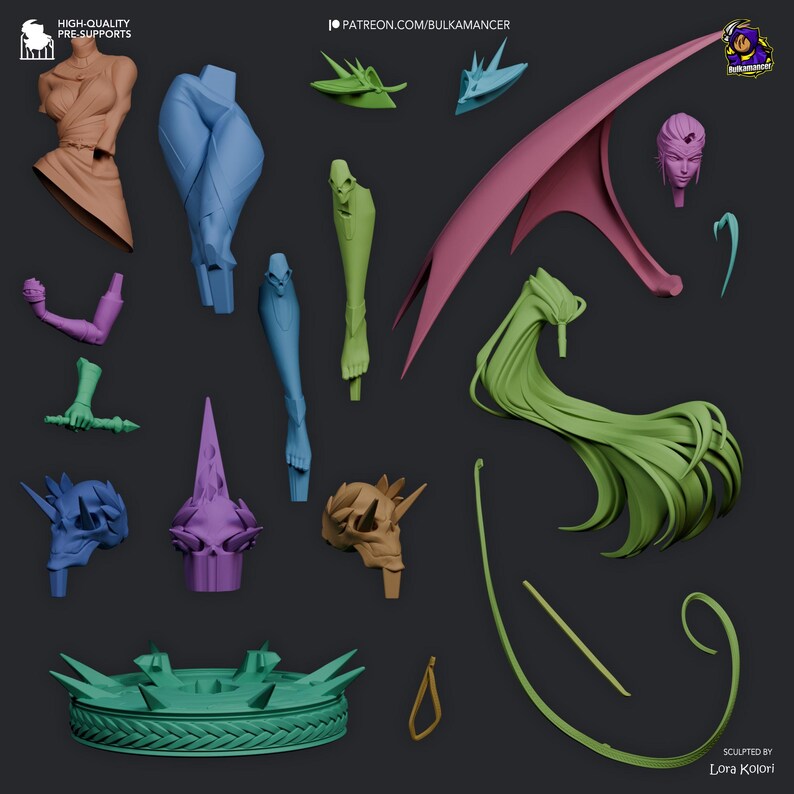 K&ouml;nnte beinhalten: Eine Sammlung von 3D-gedruckten Fantasy-Figurenteilen in verschiedenen Farben, darunter Blau, Gr&uuml;n, Lila, Rosa und Beige. Die Komponenten umfassen Gliedma&szlig;en, K&ouml;pfe, Fl&uuml;gel und dekorative Elemente. Der Text "HIGH-QUALITY PRE-SUPPORTS" und "PATREON.COM/BULKAMANCER" ist ebenfalls enthalten.