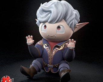 May include: A 3D-rendered figurine of a small, white-haired, elf-like creature with fangs, wearing a blue and gold jacket and brown boots. The creature is sitting with its arms outstretched, as if waving.