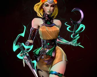 May include: A digital illustration of a female figure with blonde hair wearing a gold and green outfit and holding a crescent moon-shaped weapon. The figure is surrounded by green energy.