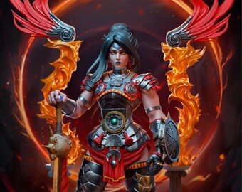 May include: A female warrior figure with red and gold wings, wearing silver armor and a red skirt, holding a sword and shield. The figure is standing in front of a fiery orange background.