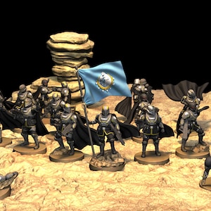 May include: A group of 15 miniature figures, painted in black and gold armor, with black cloaks and blue and gold flags. The figures are standing on a sandy surface with a rock formation in the background.