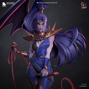 K&ouml;nnte beinhalten: Eine 3D-gerenderte Figur einer Frau mit langen lila Haaren, die ein blaues Kleid und goldene R&uuml;stung tr&auml;gt. Sie h&auml;lt eine rote Peitsche. Das Bild enth&auml;lt den Text "HIGH-QUALITY PRE-SUPPORTS" und "PATREON.COM/BULKAMANCER".