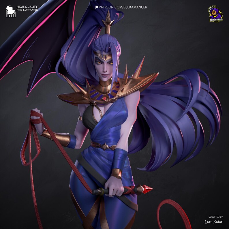 K&ouml;nnte beinhalten: Eine 3D-gerenderte Figur einer Frau mit langen lila Haaren, die ein blaues Kleid und goldene R&uuml;stung tr&auml;gt. Sie h&auml;lt eine rote Peitsche. Das Bild enth&auml;lt den Text "HIGH-QUALITY PRE-SUPPORTS" und "PATREON.COM/BULKAMANCER".