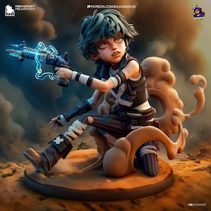 May include: A blue-haired figurine of a young person holding a steampunk-style gun. The figurine is wearing a black and white outfit with bandages on their legs. The figurine is sitting on a brown, textured base.
