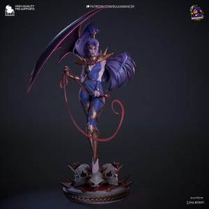 K&ouml;nnte beinhalten: Detaillierte Figur einer weiblichen Figur mit lila Haaren und einem blau-goldenen Outfit. Die Figur h&auml;lt eine rote Peitsche und steht auf einem Sockel mit Totenk&ouml;pfen. Der Text "HIGH-QUALITY PRE-SUPPORTS" und "PATREON.COM/BULKAMANCER" ist enthalten.
