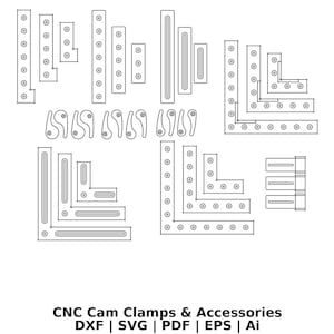 Könnte beinhalten: Schwarz-weiße Darstellung von CNC-Nockenklammern und Zubehör, einschließlich L-förmiger Halterungen, rechteckiger Teile und Nockenhebel. Der Text "CNC Cam Clamps & Accessories" ist ebenfalls enthalten.