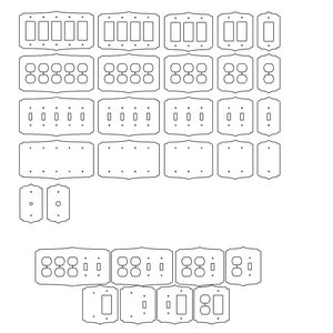 May include: A set of blank electrical outlet and switch plates in various sizes and configurations. The plates are made of white plastic and have a smooth finish.