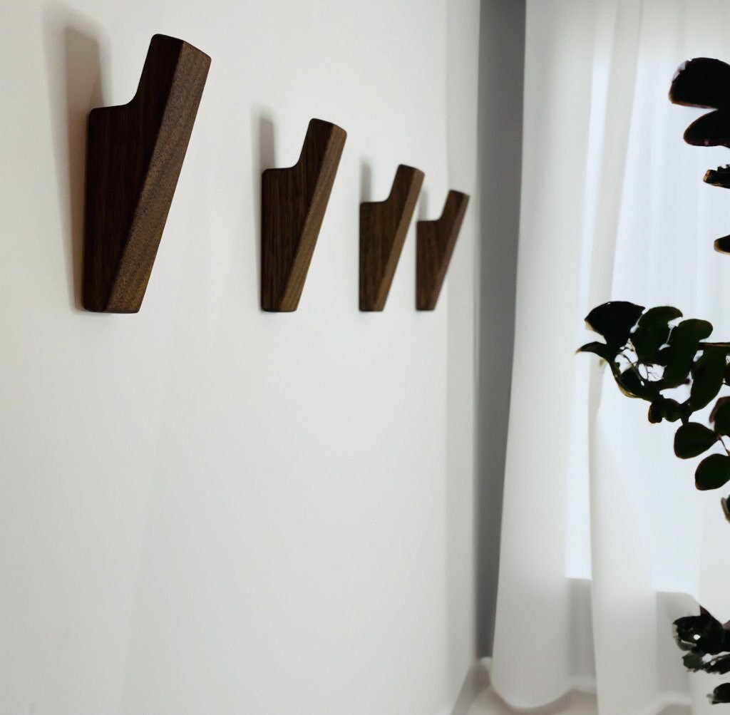 Walnut Modern Wood Wall Hooks Minimalistic Wall Hooks Solid Etsy
