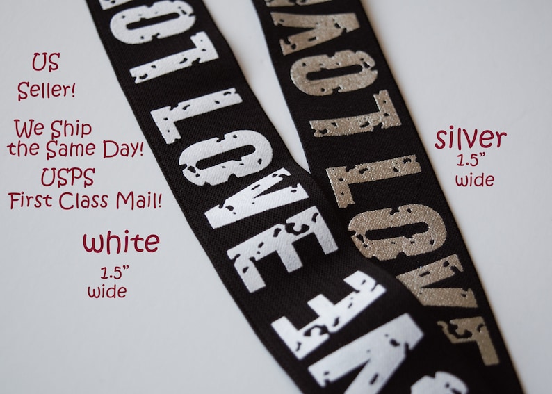 Waistband The price is for 1 yard 1.5 inch 38mm Wide Gold SILVER and WHITE Love Letters Printed Black Plush Comfortable Elastic Band