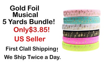 Musical Gold Foil  5 Yards Bundle 5/8" Fold Over Elastic FOE Face Jewelry  Mask Hair Accessories Hairband Girls Hair Babies Hair