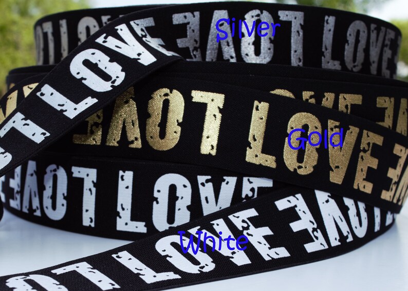 Waistband The price is for 1 yard 1.5 inch 38mm Wide Gold SILVER and WHITE Love Letters Printed Black Plush Comfortable Elastic Band